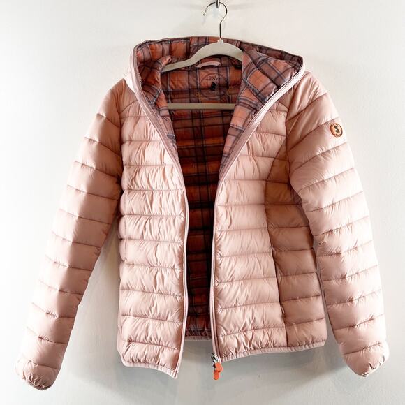 Save The Duck Full Zip Hooded Puffer Jacket Parka Coat Pink Small - Picture 2 of 7
